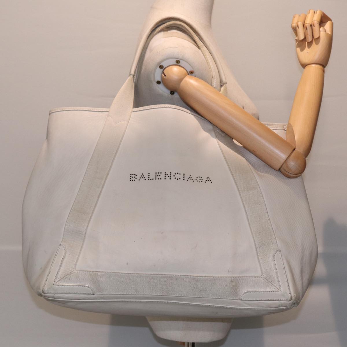 BALENCIAGA Navy Cabas Hand Bag Leather White Silver 339936 Auth bs17140