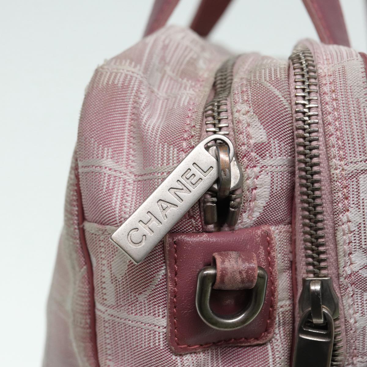 CHANEL New Travel Line Hand Bag Canvas Leather 2way Pink Silver CC Auth bs17160