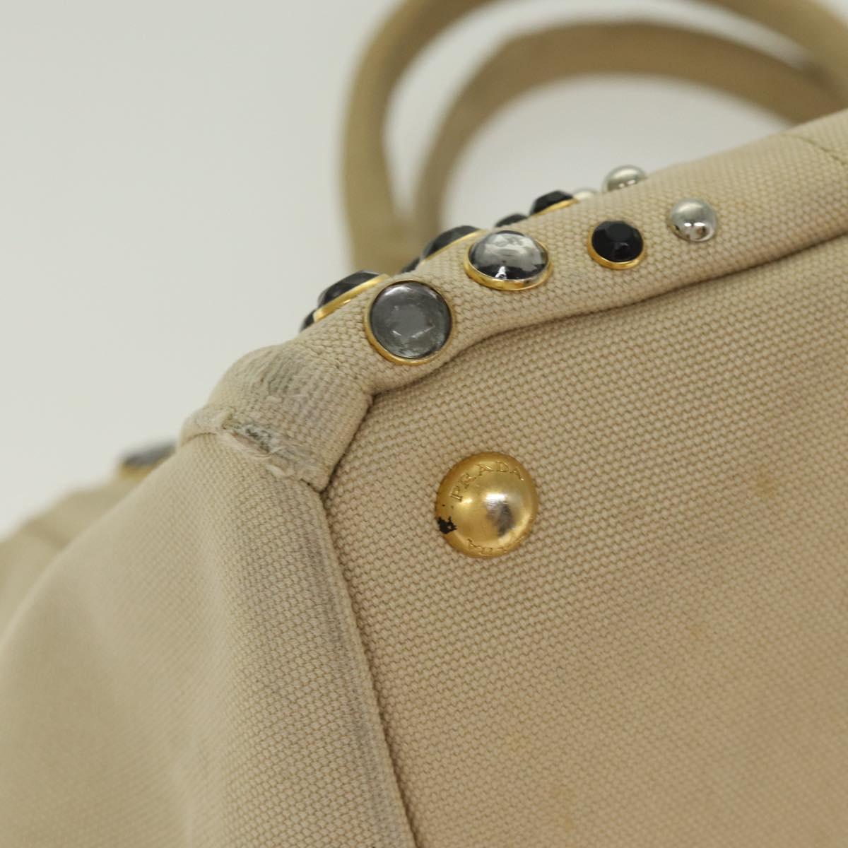 PRADA Canapa MM Hand Bag Canvas Beige Gold Auth bs17210