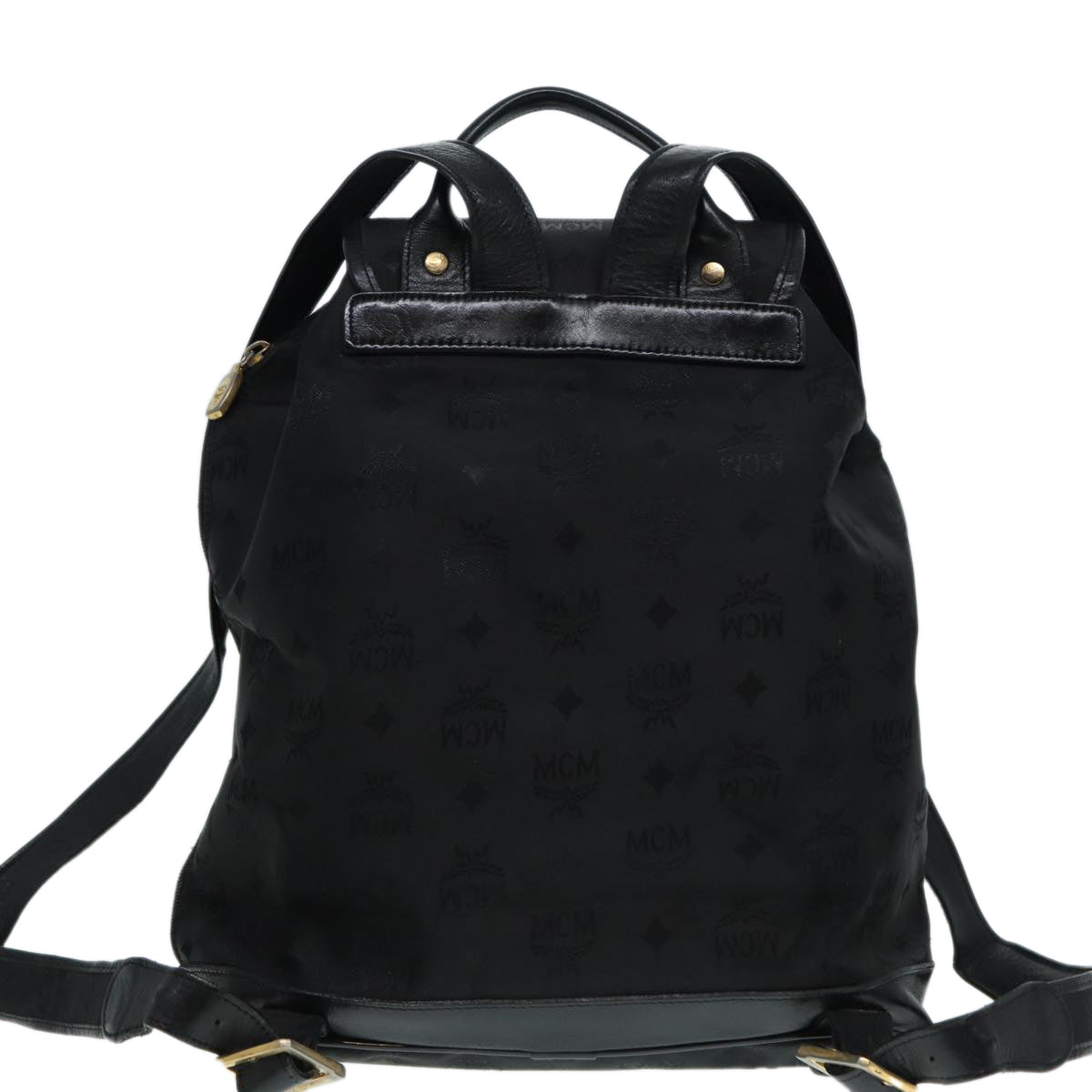 MCM Vicetos Logogram Backpack Leather Black Champagne Gold Auth bs17221