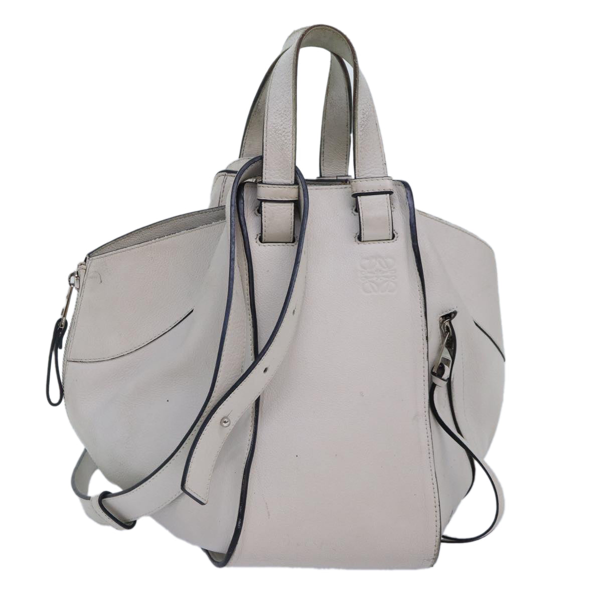 LOEWE Anagram Hammock Small Shoulder Bag Leather White Silver Auth bs17301