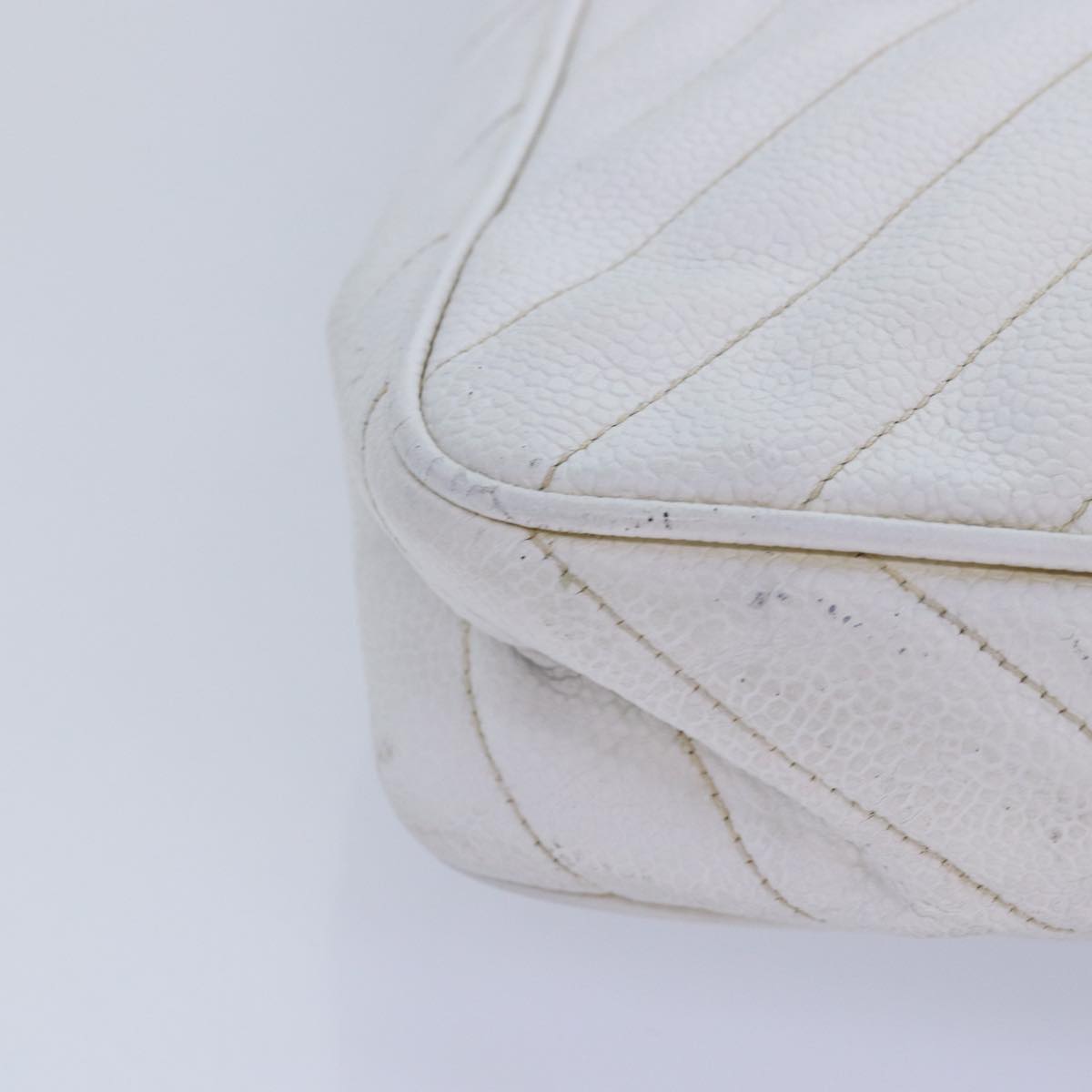 CHANEL Mademoiselle Chain Shoulder Bag Calf Skin White Gold Silver CC Auth bs17332