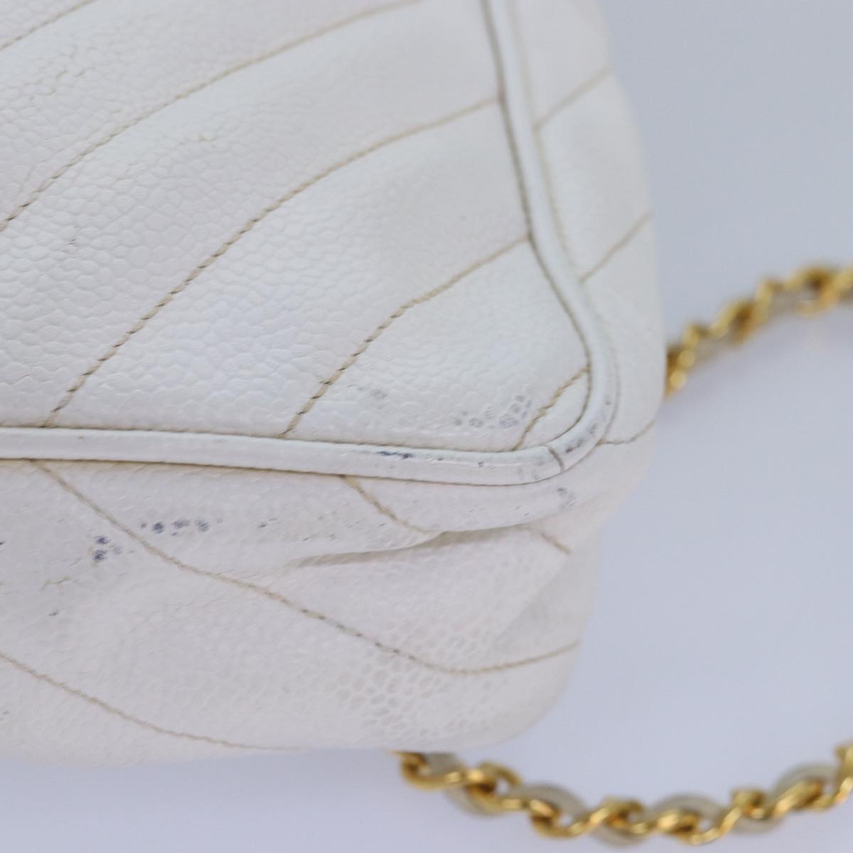 CHANEL Mademoiselle Chain Shoulder Bag Calf Skin White Gold Silver CC Auth bs17332