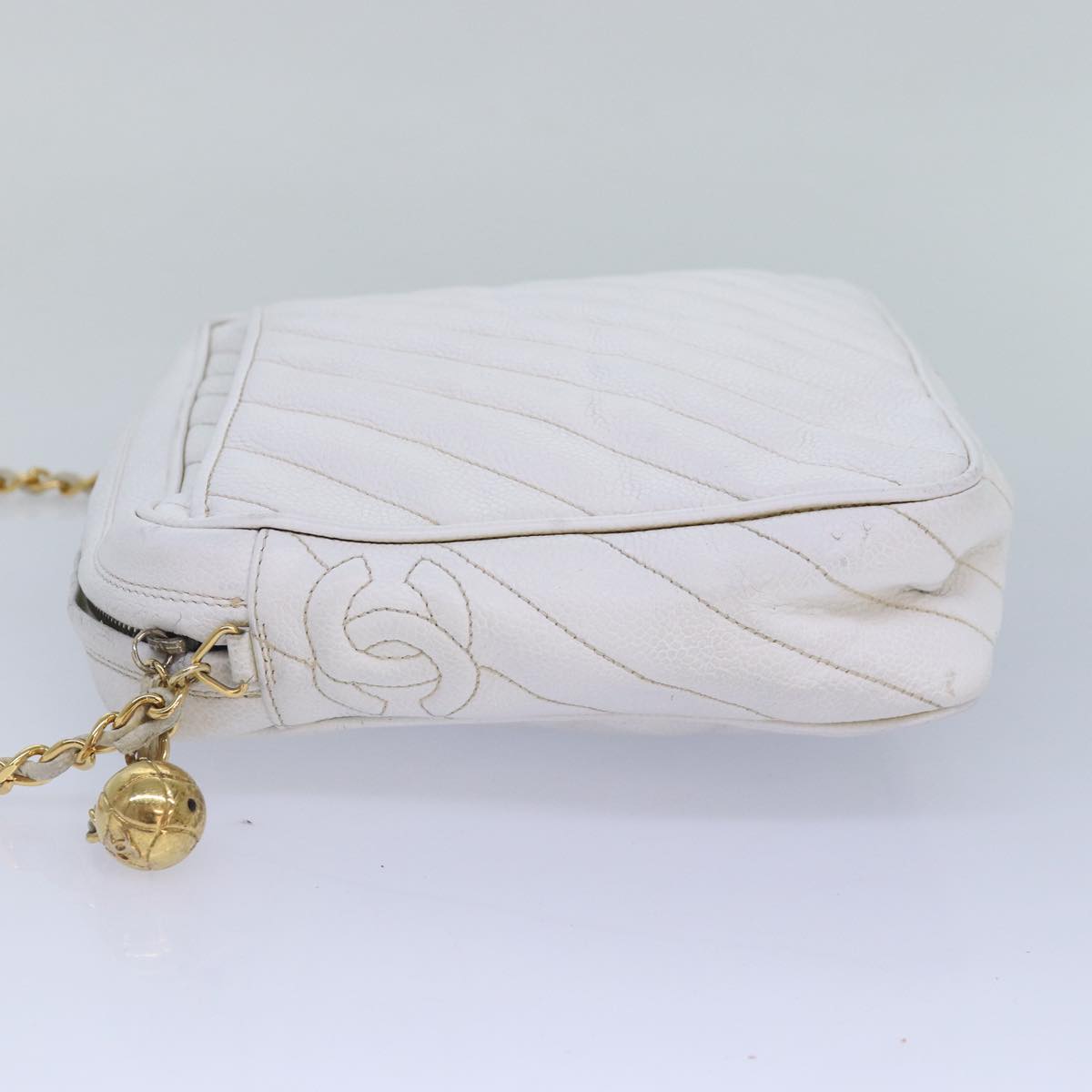 CHANEL Mademoiselle Chain Shoulder Bag Calf Skin White Gold Silver CC Auth bs17332
