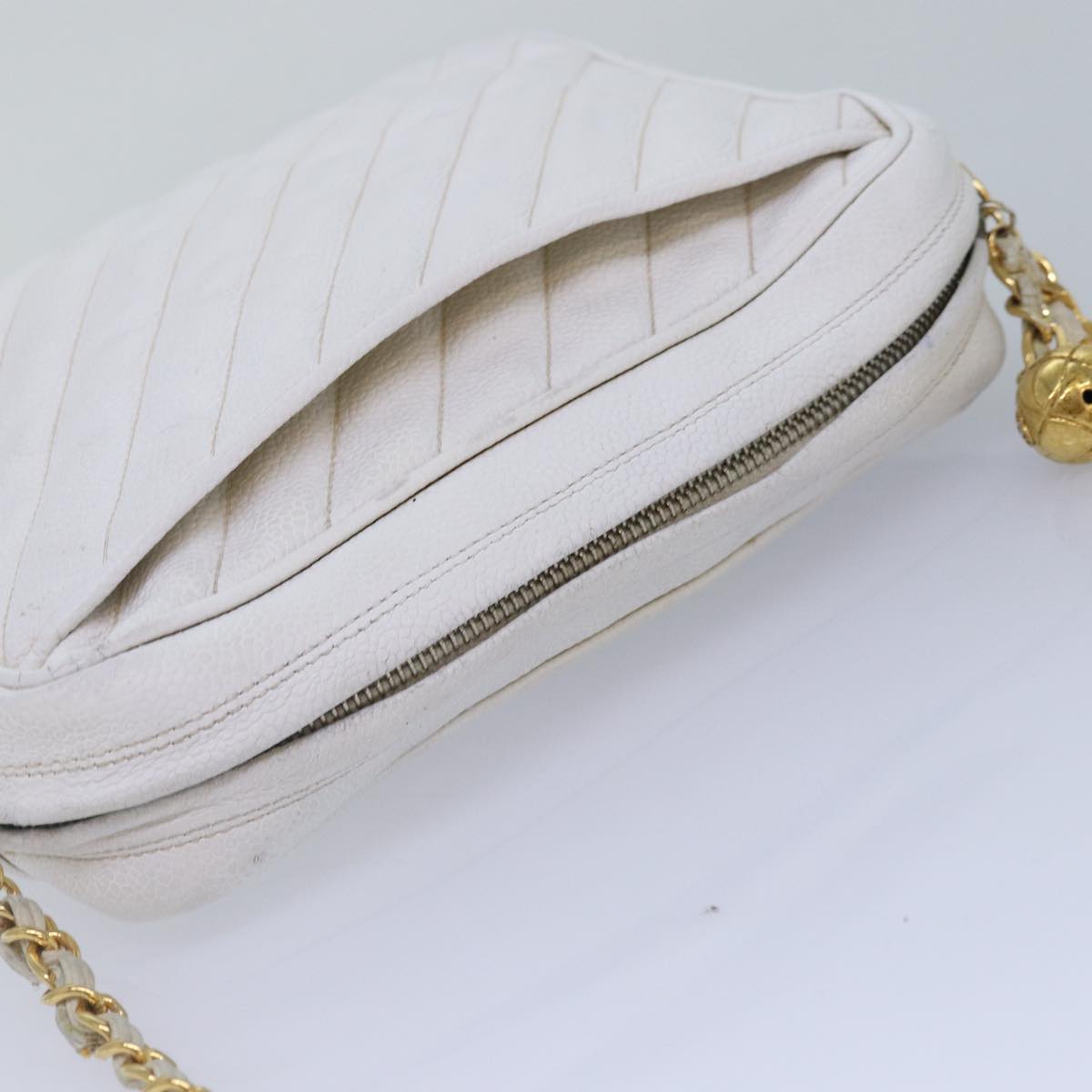 CHANEL Mademoiselle Chain Shoulder Bag Calf Skin White Gold Silver CC Auth bs17332