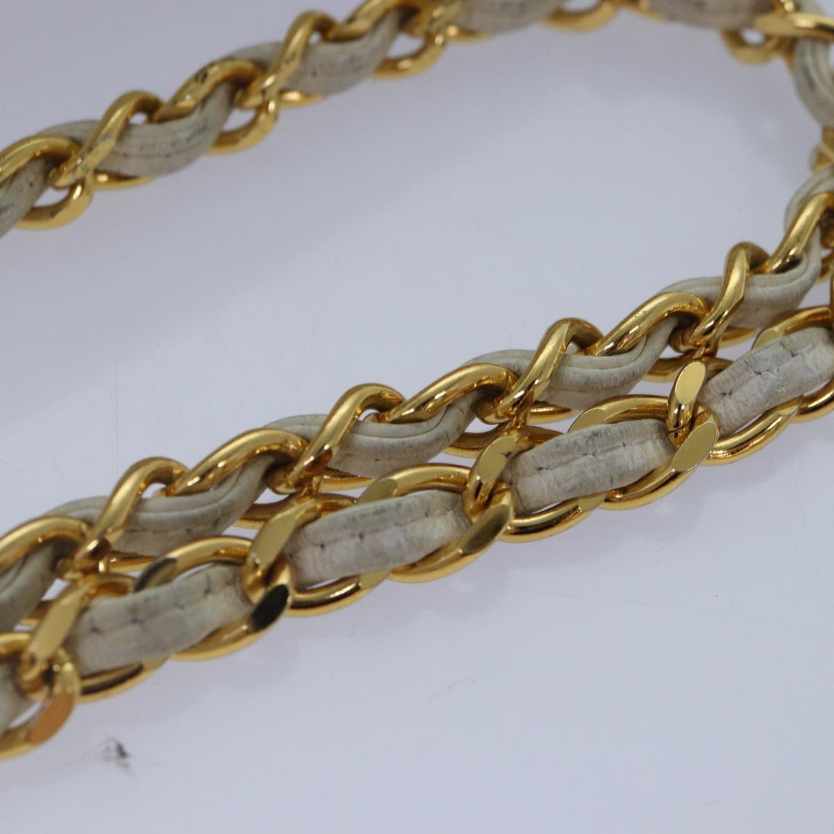 CHANEL Mademoiselle Chain Shoulder Bag Calf Skin White Gold Silver CC Auth bs17332