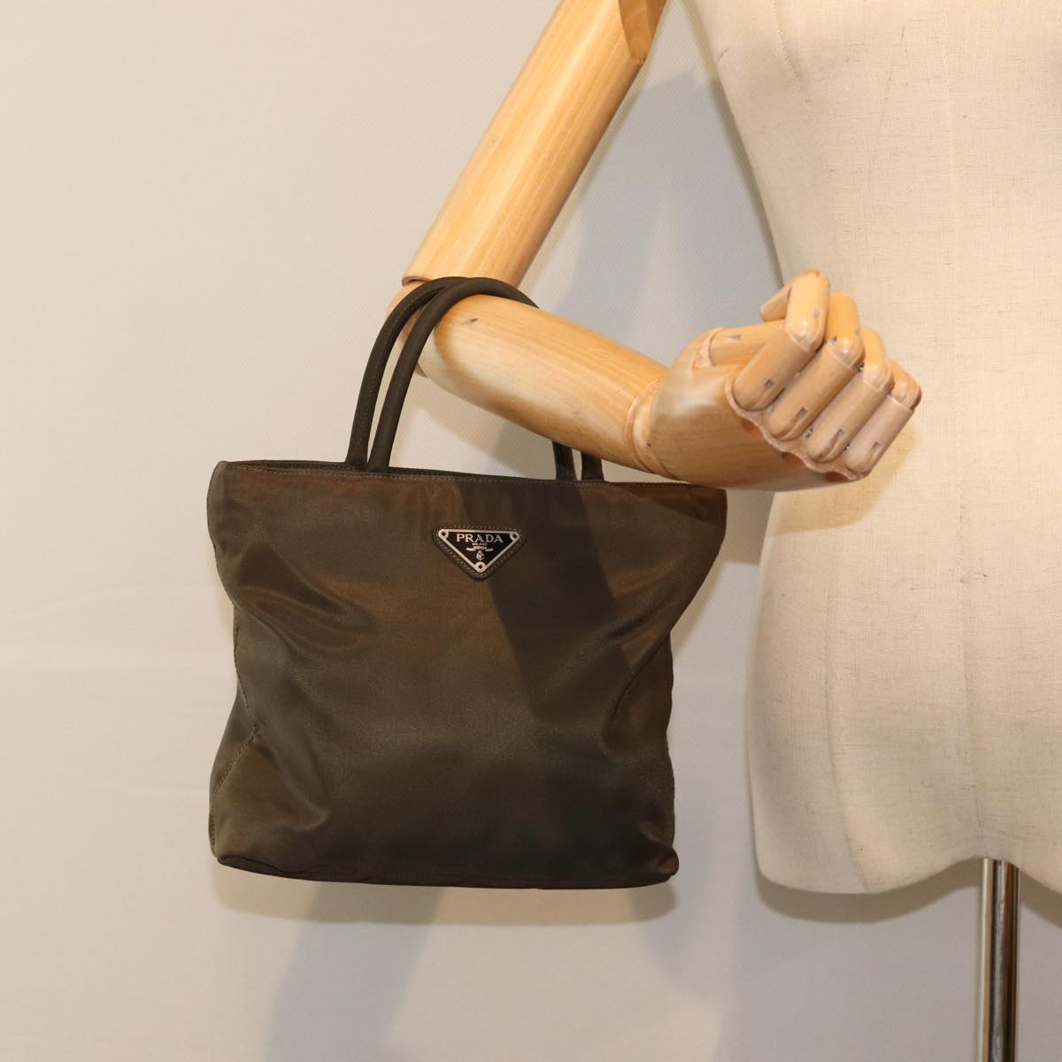 PRADA Hand Bag Nylon Khaki Auth bs17345