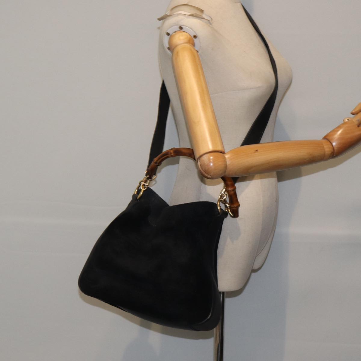 GUCCI Bamboo Hand Bag Suede 2way Black Auth bs17369