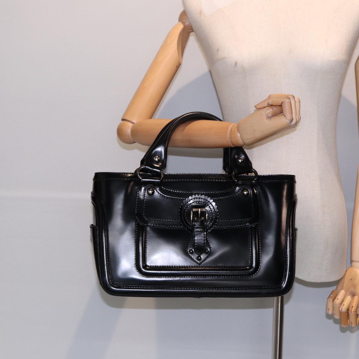 CELINE Hand Bag Leather Black Silver Auth bs17403