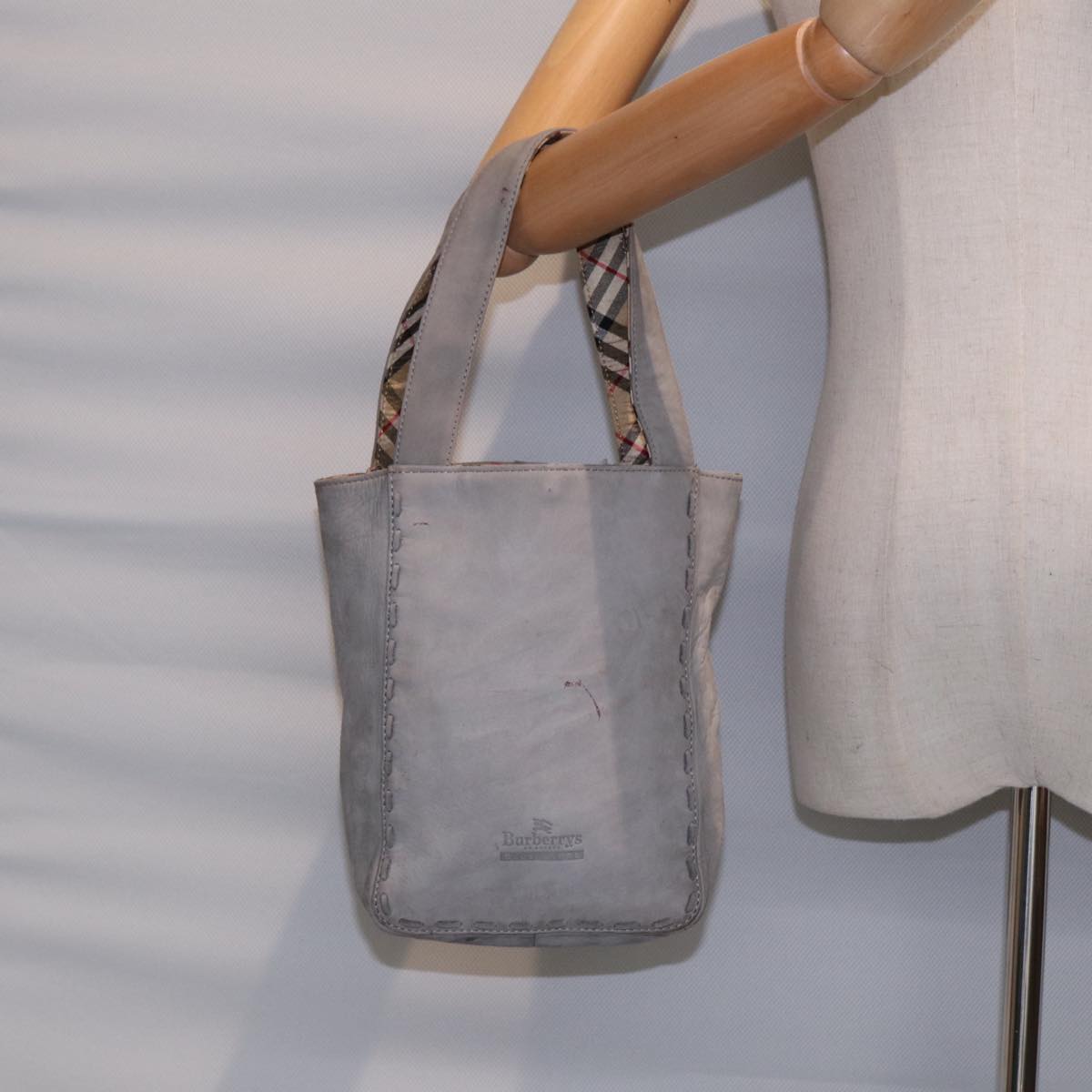 Burberrys Hand Bag Leather Gray Silver Auth bs17438