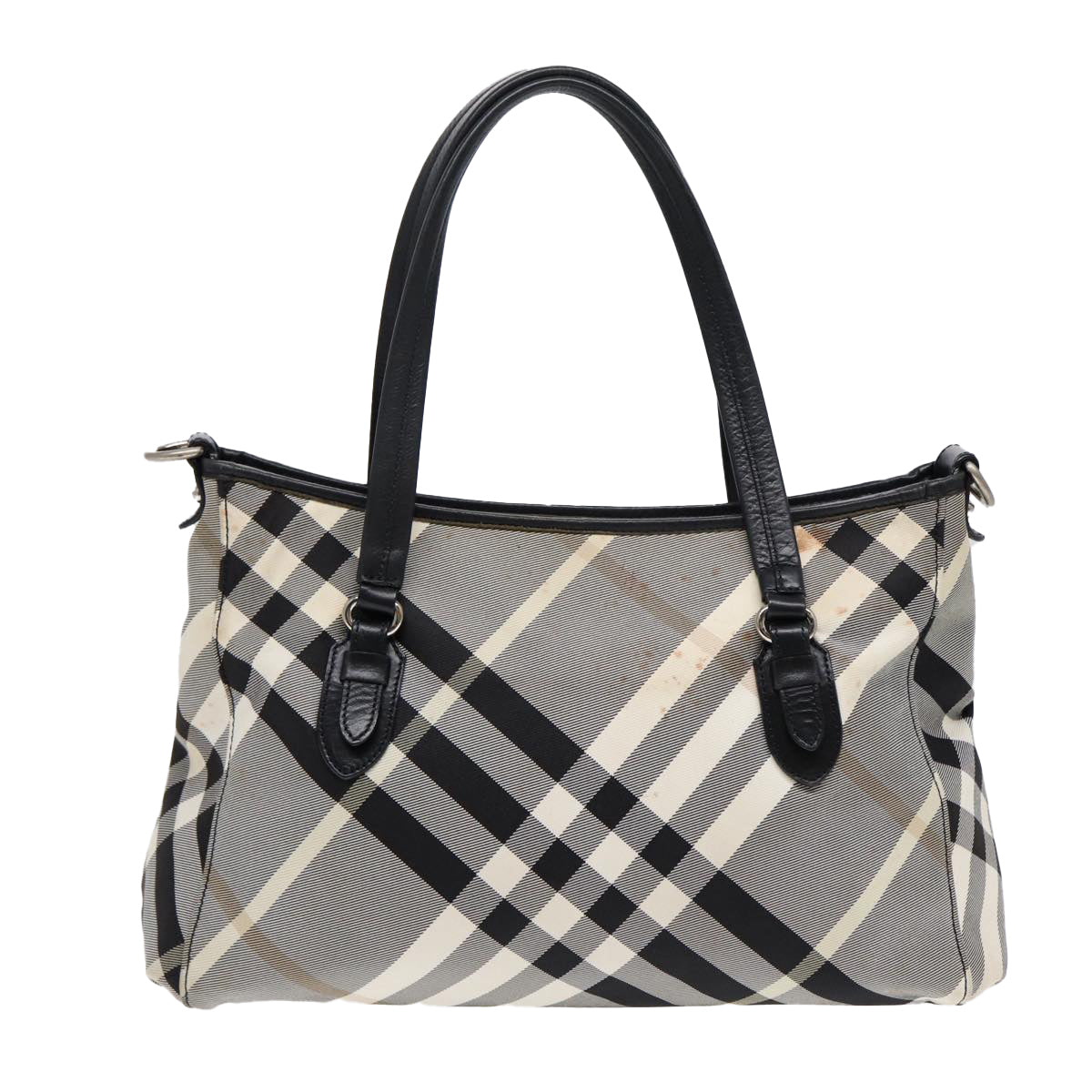 BURBERRY Nova Check Blue Label Tote Bag Canvas White Black Silver Auth bs17439