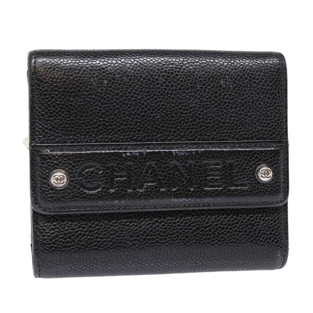 CHANEL Wallet Caviar Skin Black Silver CC Auth bs17492