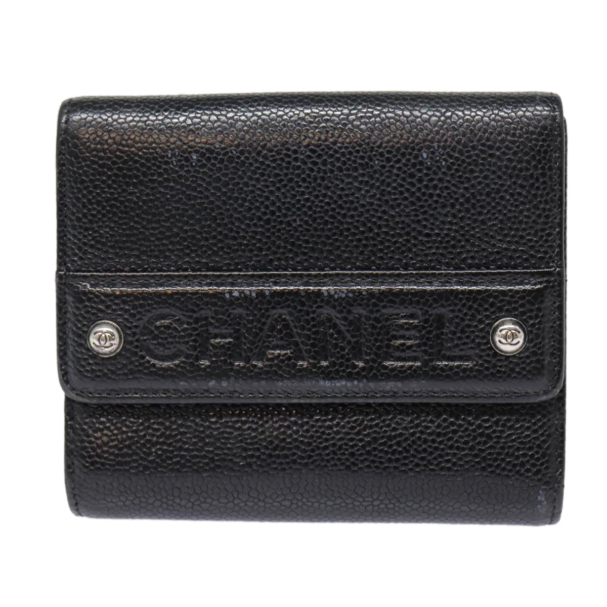 CHANEL Wallet Caviar Skin Black Silver CC Auth bs17492