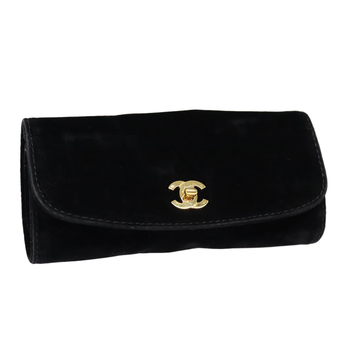 CHANEL Cosmetic Case Cosmetic Pouch Velor Black Gold CC Auth bs17507