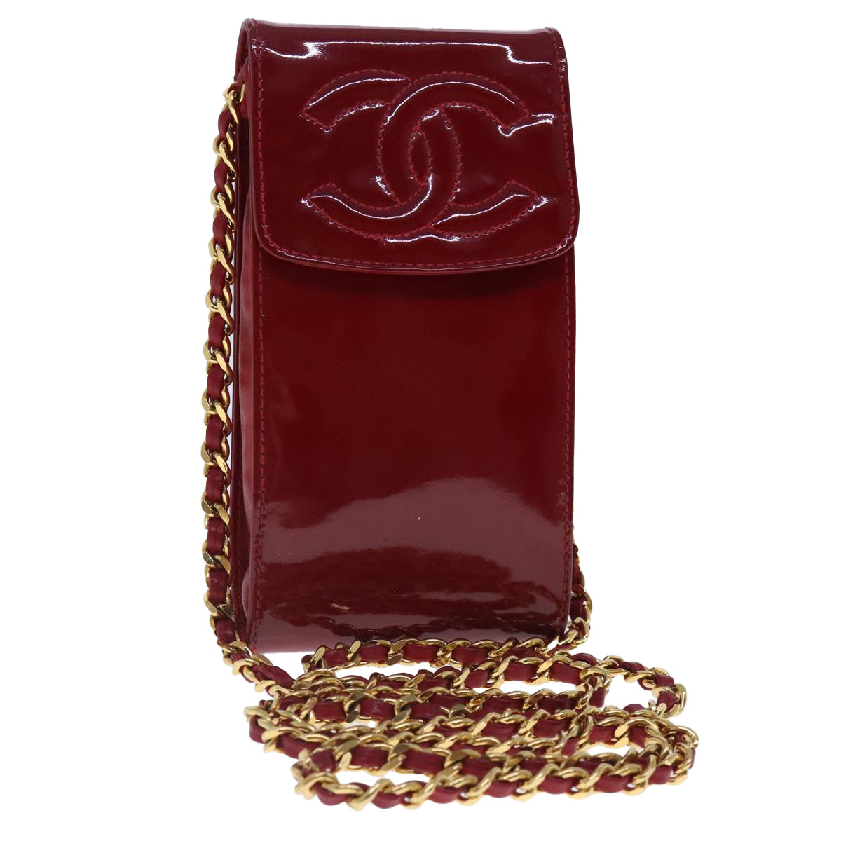 CHANEL Shoulder Chain Pouch Enamel Red Gold CC Auth bs17510