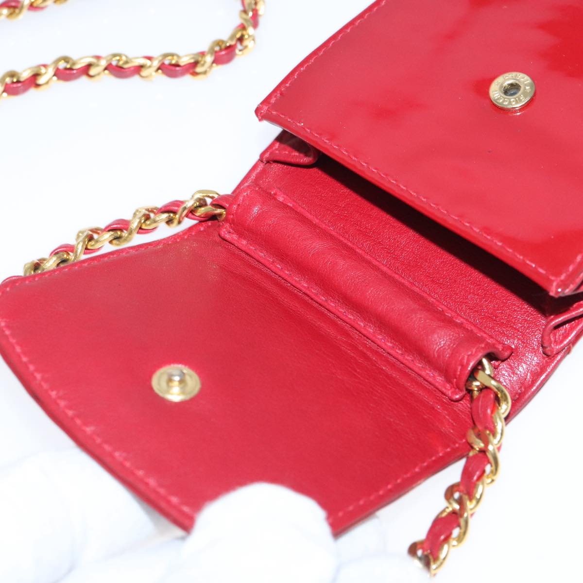 CHANEL Shoulder Chain Pouch Enamel Red Gold CC Auth bs17510