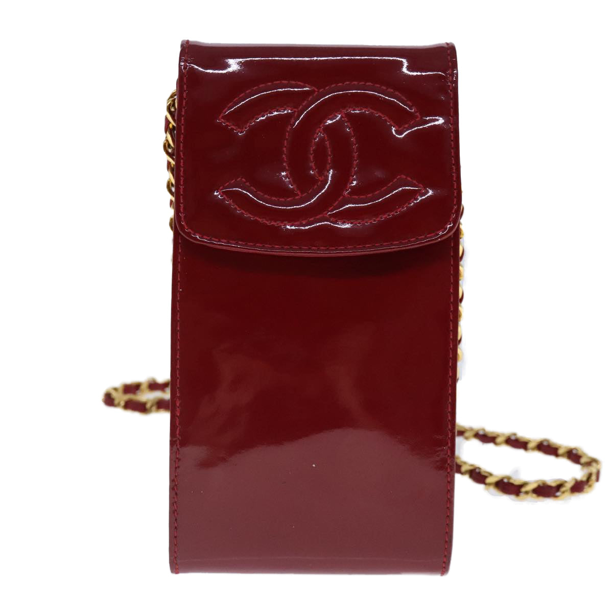 CHANEL Shoulder Chain Pouch Enamel Red Gold CC Auth bs17510