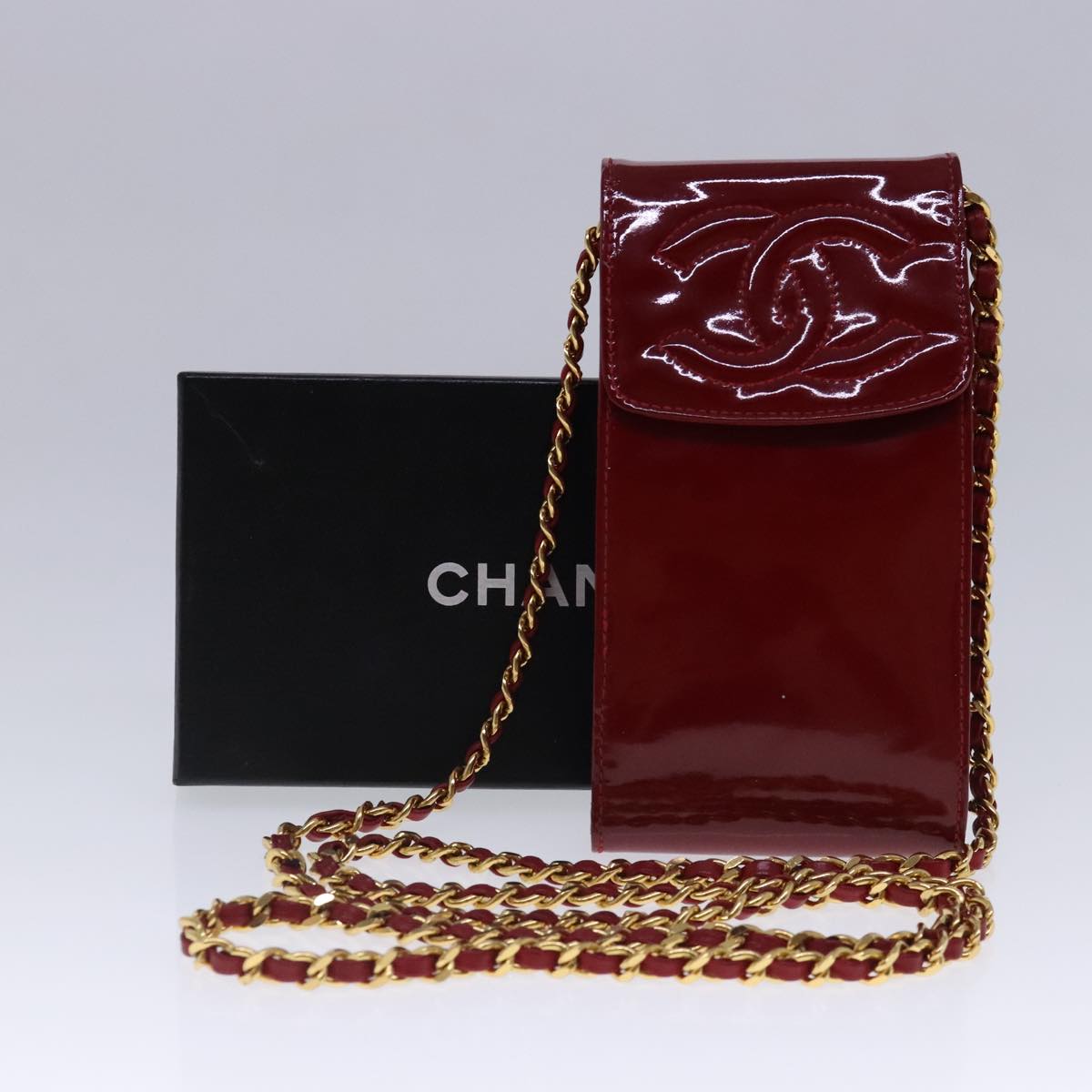 CHANEL Shoulder Chain Pouch Enamel Red Gold CC Auth bs17510