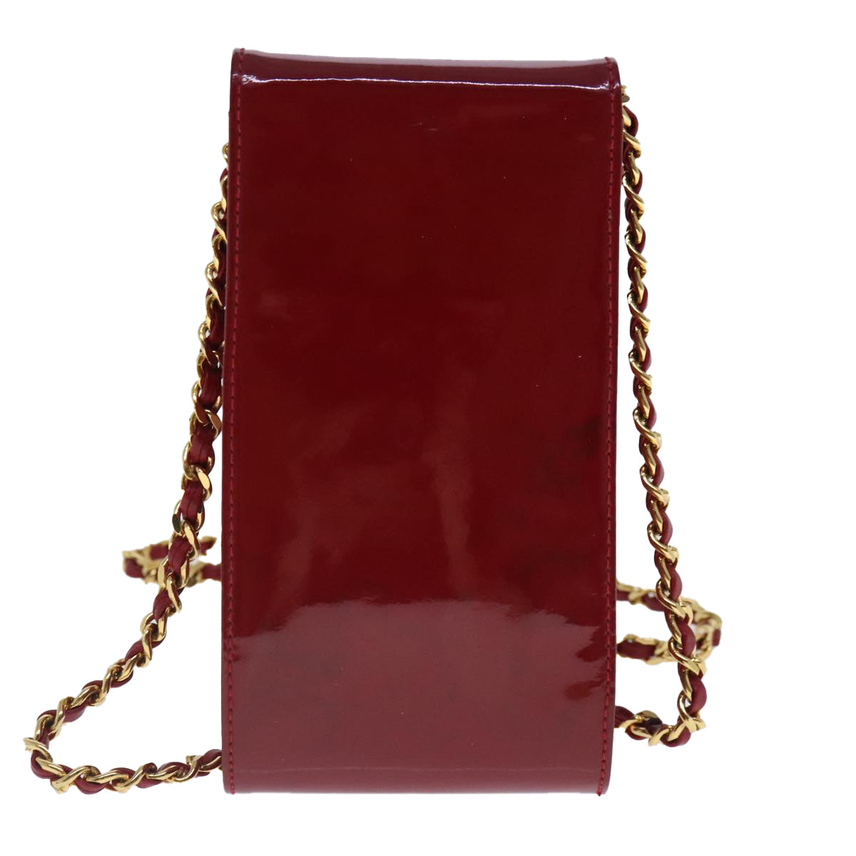 CHANEL Shoulder Chain Pouch Enamel Red Gold CC Auth bs17510