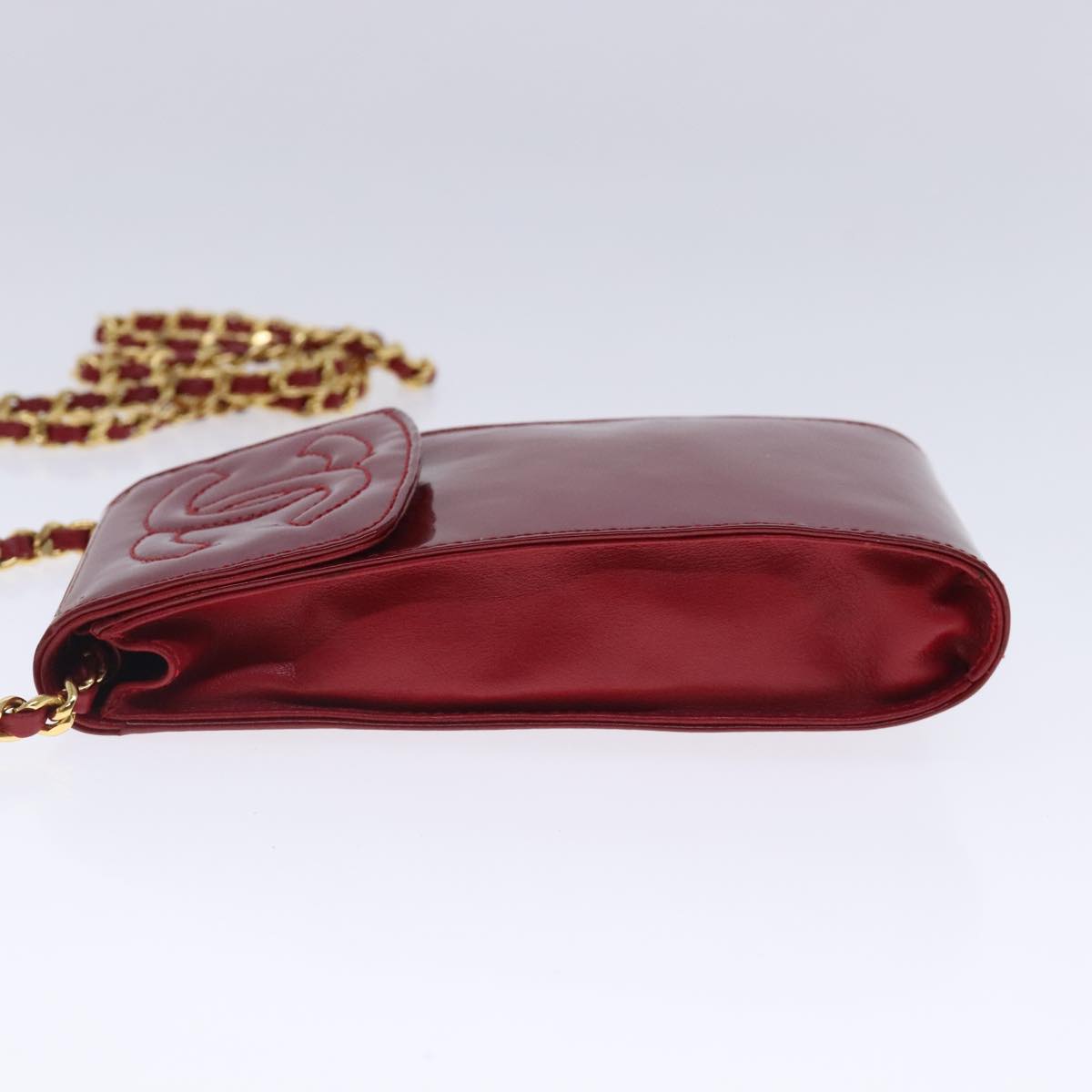 CHANEL Shoulder Chain Pouch Enamel Red Gold CC Auth bs17510