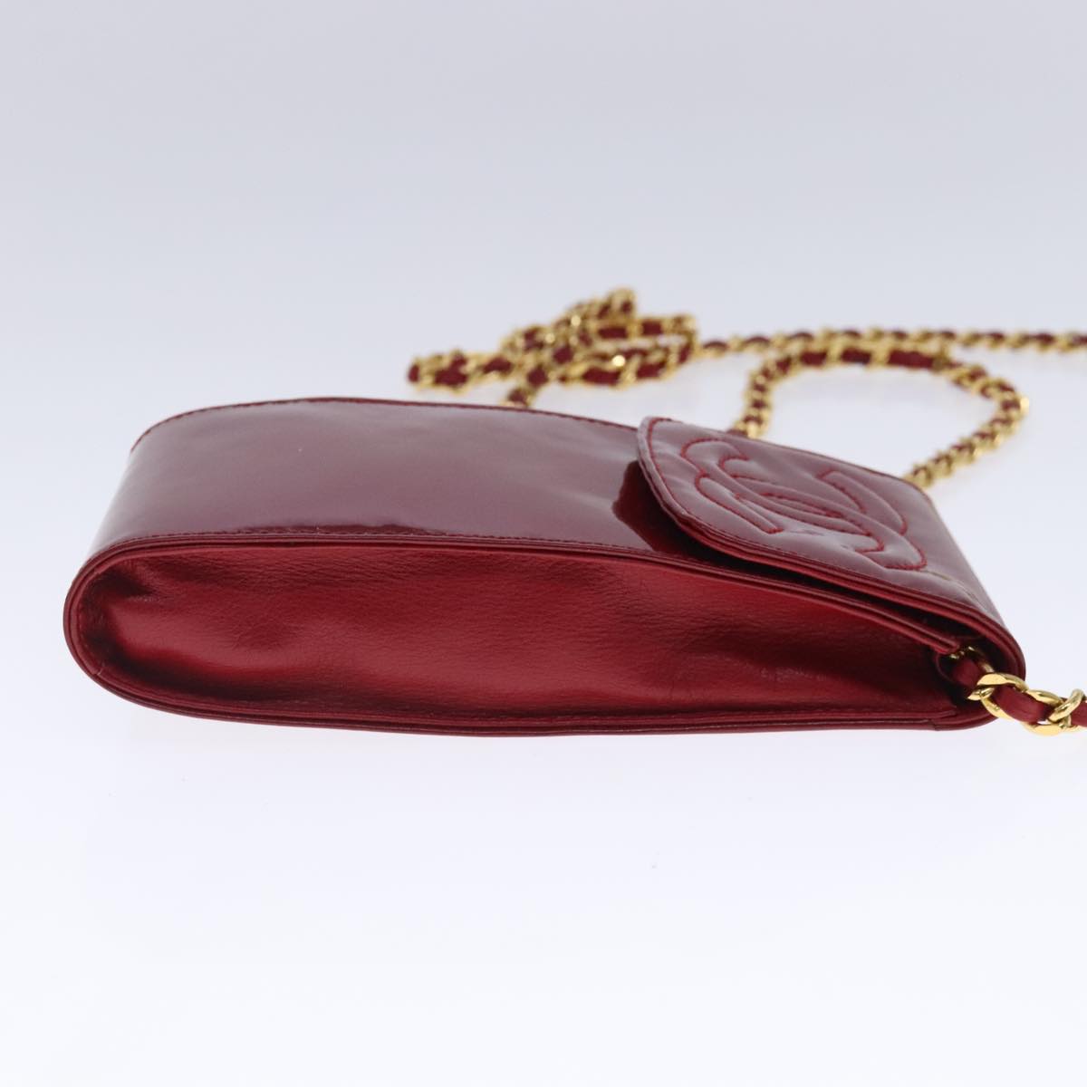 CHANEL Shoulder Chain Pouch Enamel Red Gold CC Auth bs17510