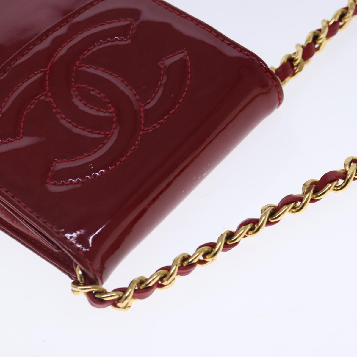 CHANEL Shoulder Chain Pouch Enamel Red Gold CC Auth bs17510