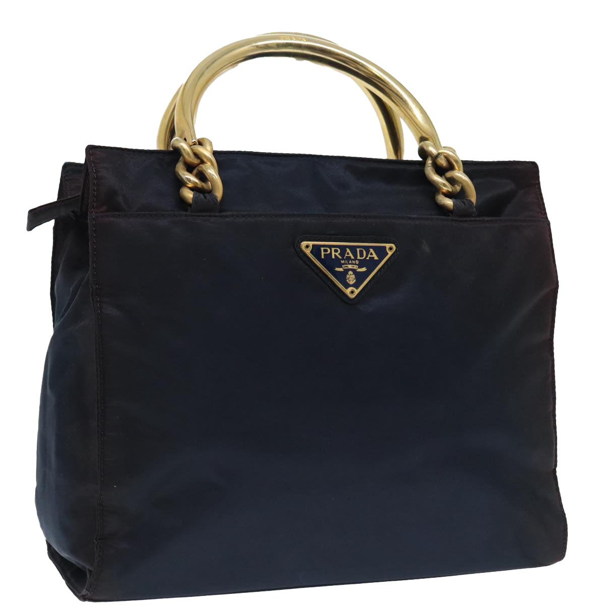 PRADA Hand Bag Nylon Navy Gold Auth bs17517