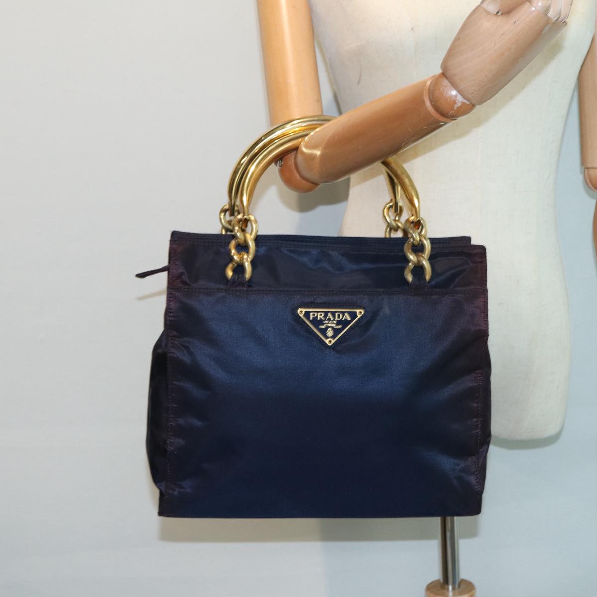 PRADA Hand Bag Nylon Navy Gold Auth bs17517