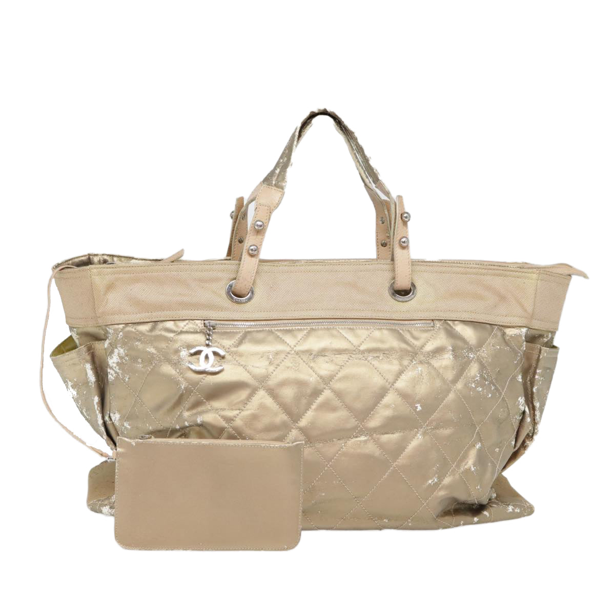 CHANEL Paris Biarritz Hand Bag Coated Canvas Gold Silver CC Auth bs17532