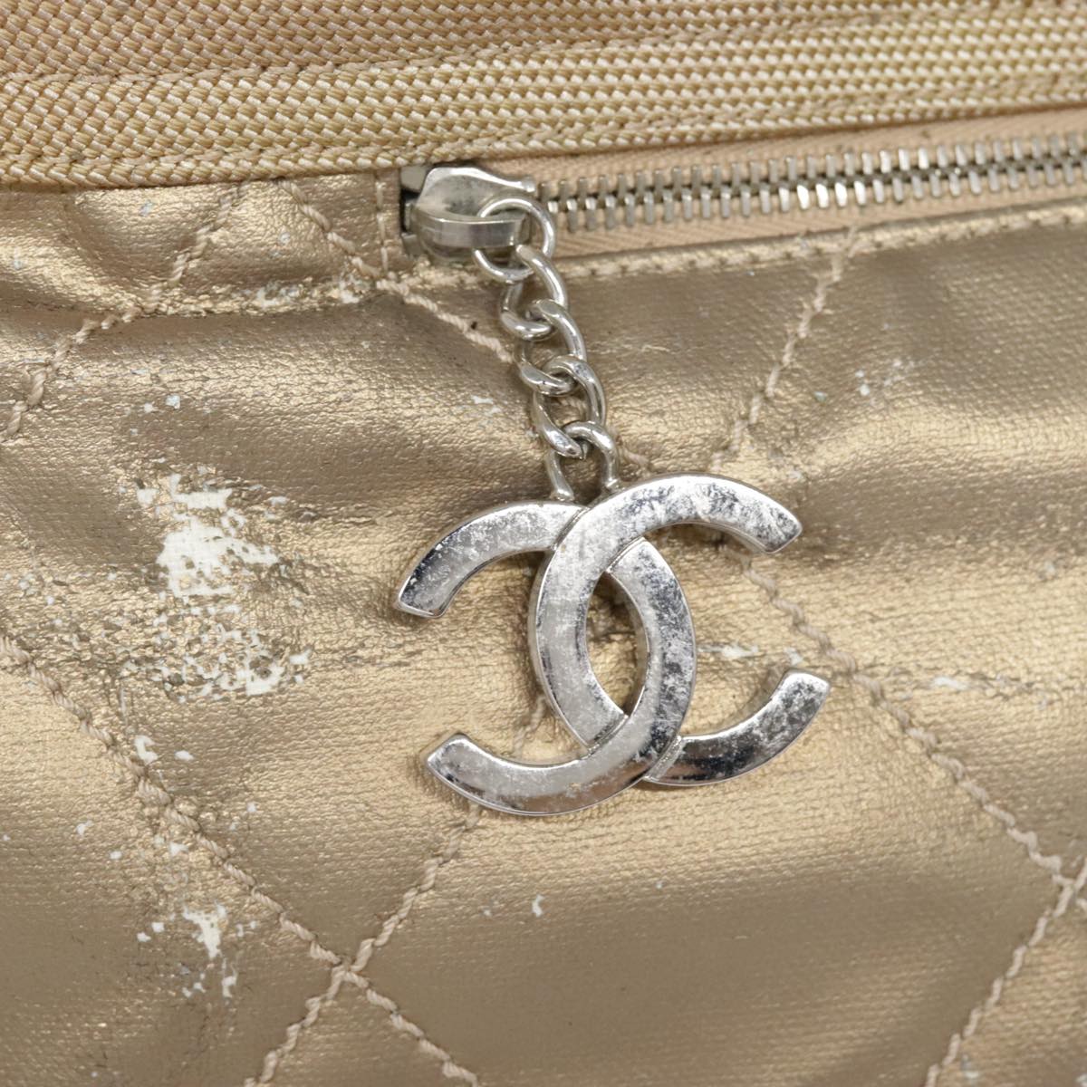 CHANEL Paris Biarritz Hand Bag Coated Canvas Gold Silver CC Auth bs17532