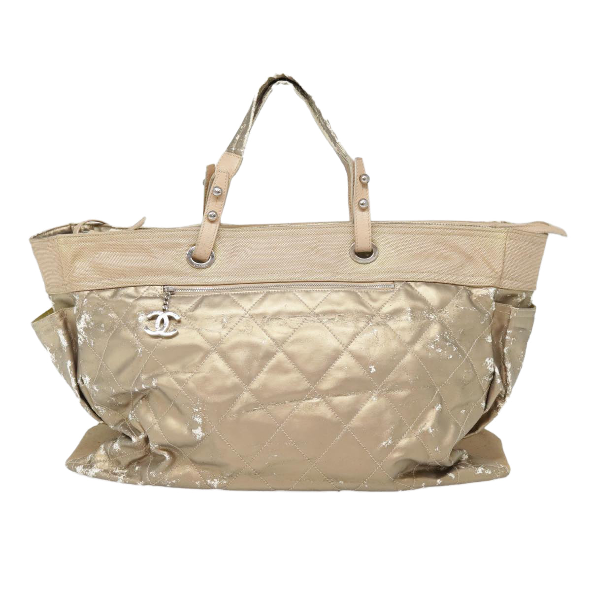 CHANEL Paris Biarritz Hand Bag Coated Canvas Gold Silver CC Auth bs17532