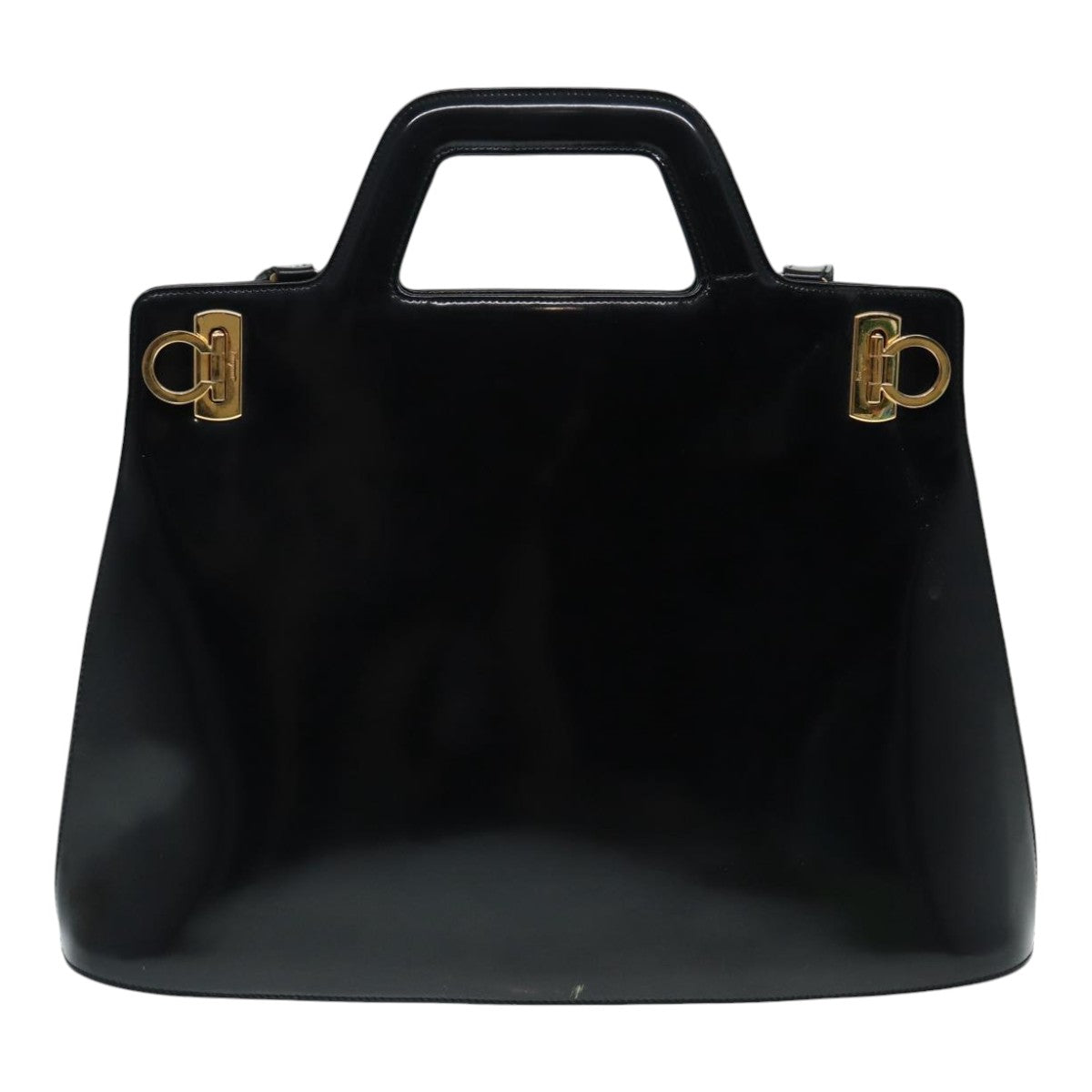 Salvatore Ferragamo Gancini Hand Bag Patent Leather 2way Black Gold Auth bs17553