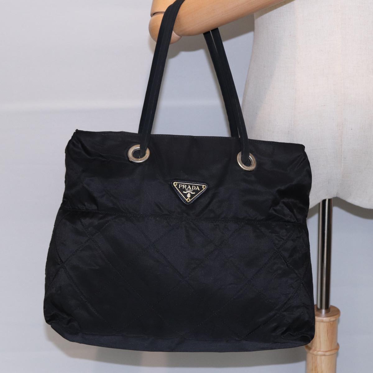 PRADA Hand Bag Nylon Black Gold Auth bs17605