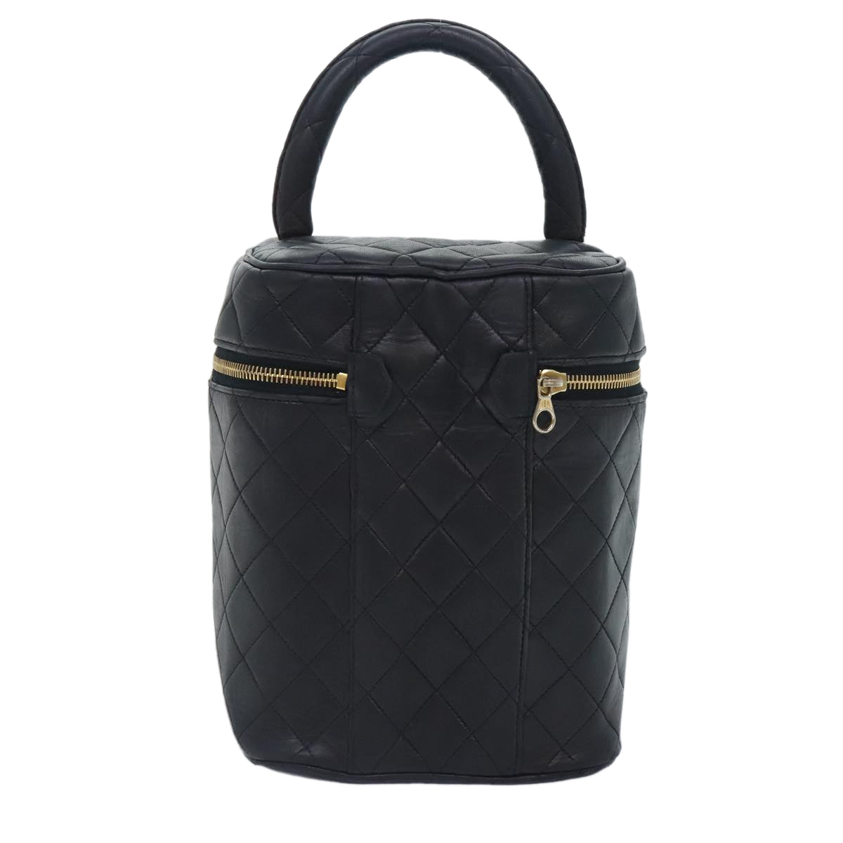 CHANEL Vanity Cosmetic Pouch Lamb Skin Black Gold CC Auth bs17658