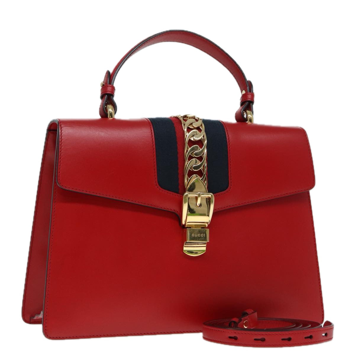 GUCCI Silvi Sherry Line Hand Bag Leather 2way Navy Gold Red 431665 Auth bs17661