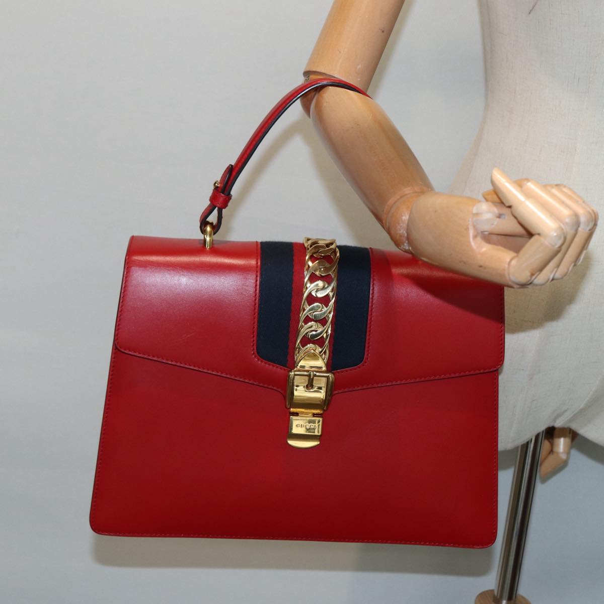 GUCCI Silvi Sherry Line Hand Bag Leather 2way Navy Gold Red 431665 Auth bs17661