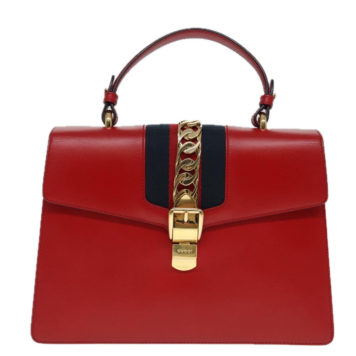 GUCCI Silvi Sherry Line Hand Bag Leather 2way Navy Gold Red 431665 Auth bs17661