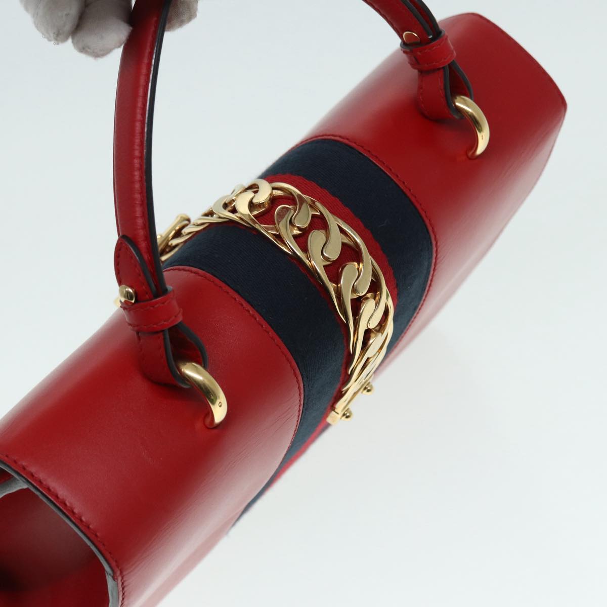 GUCCI Silvi Sherry Line Hand Bag Leather 2way Navy Gold Red 431665 Auth bs17661