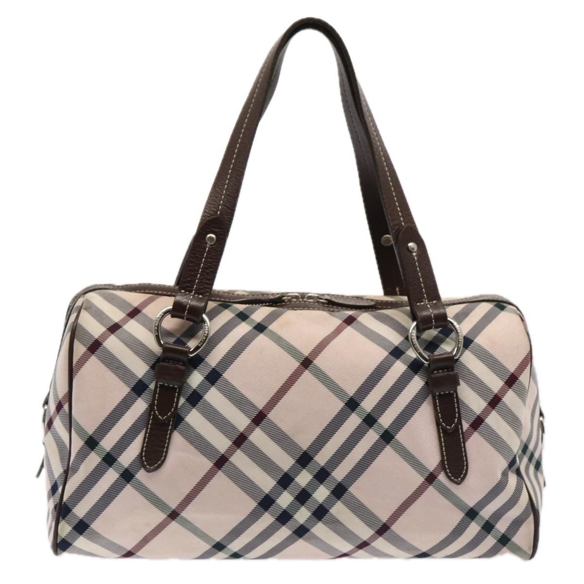 BURBERRY Nova Check Blue Label Hand Bag Nylon Pink Silver Auth bs17669