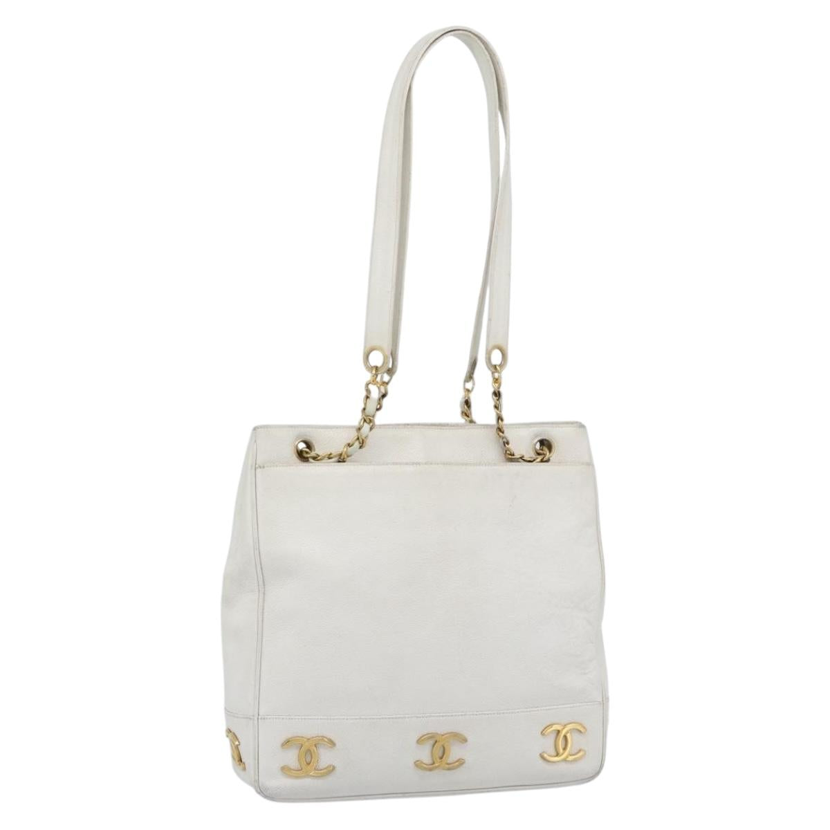 CHANEL Chain Shoulder Bag Calf Skin White Gold CC Auth bs17674