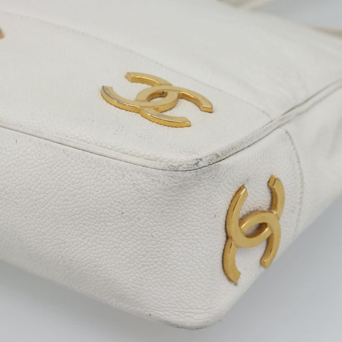CHANEL Chain Shoulder Bag Calf Skin White Gold CC Auth bs17674