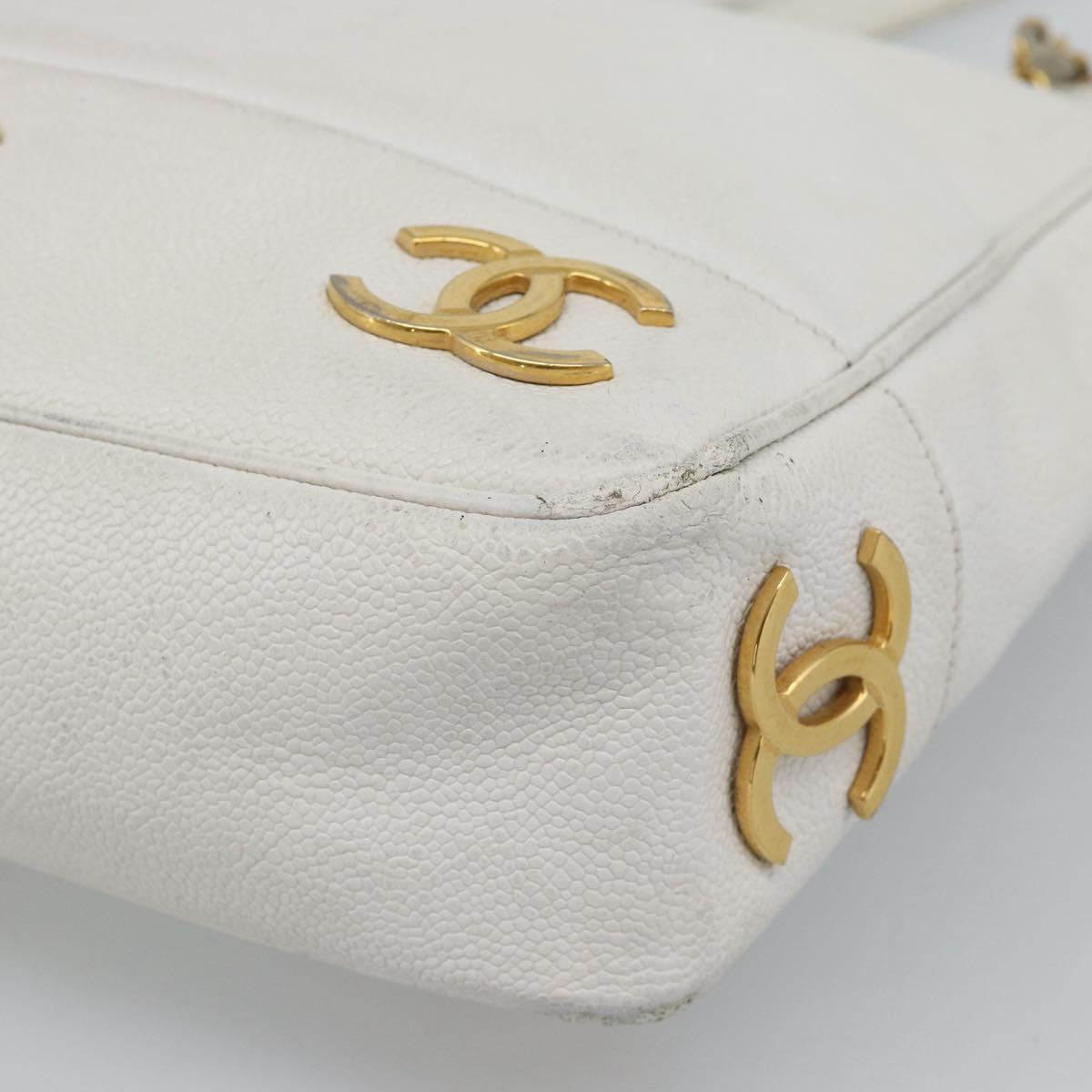 CHANEL Chain Shoulder Bag Calf Skin White Gold CC Auth bs17674