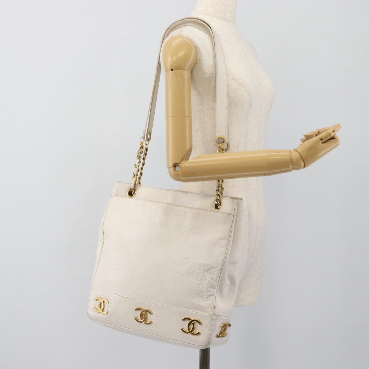 CHANEL Chain Shoulder Bag Calf Skin White Gold CC Auth bs17674