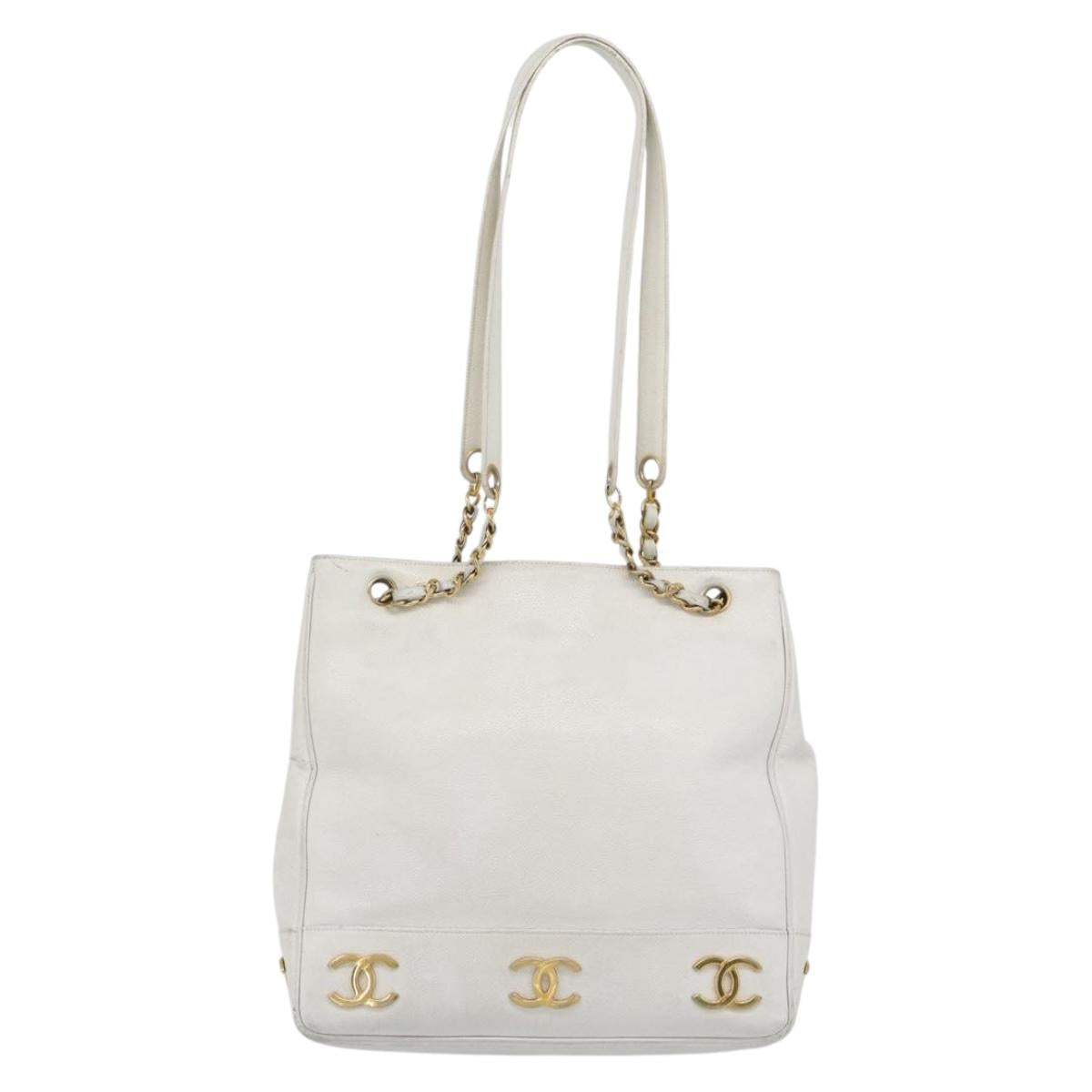 CHANEL Chain Shoulder Bag Calf Skin White Gold CC Auth bs17674
