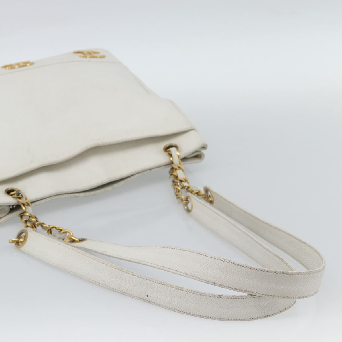 CHANEL Chain Shoulder Bag Calf Skin White Gold CC Auth bs17674
