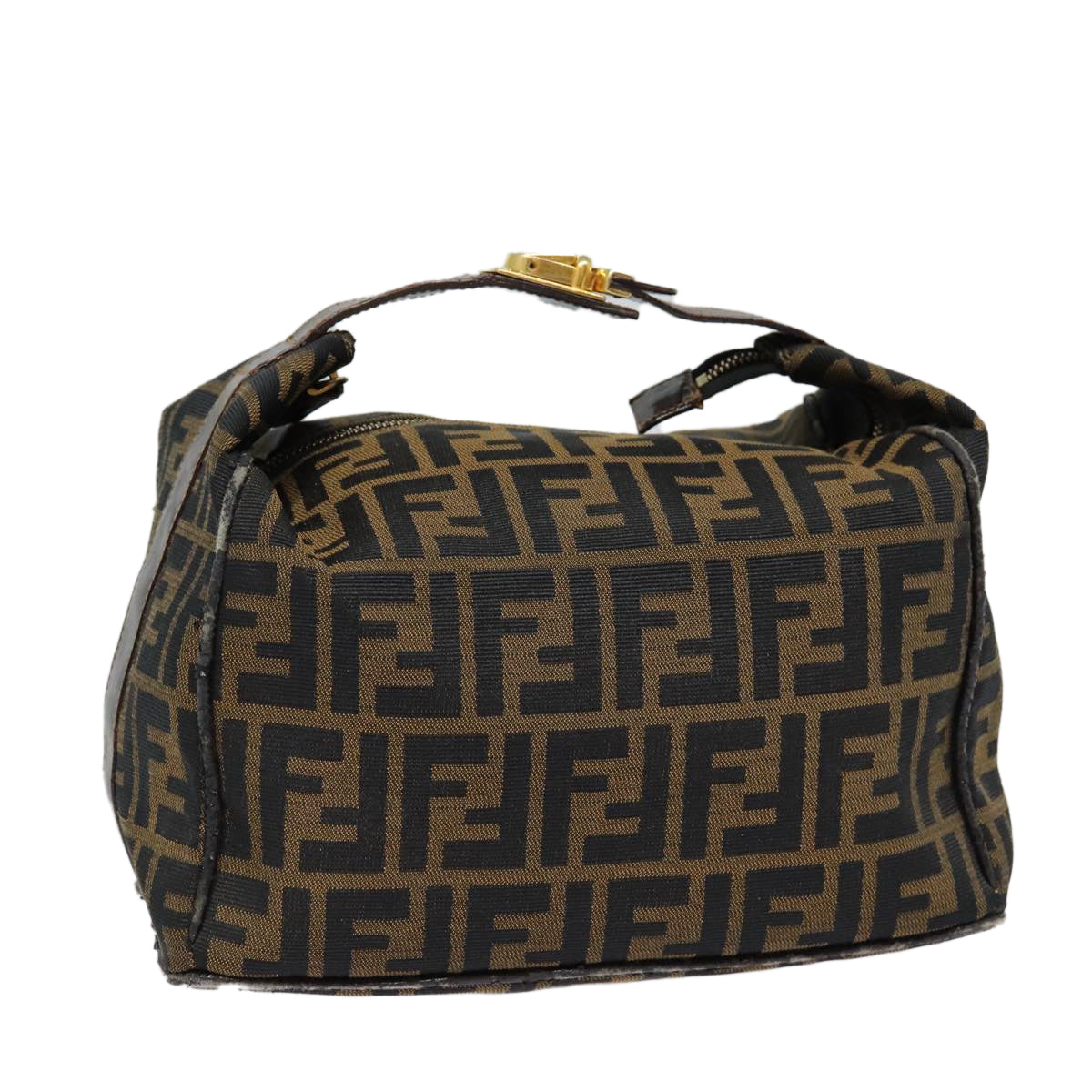 FENDI Zucca Canvas Vanity Hand Bag Brown Black gold Auth bs17761