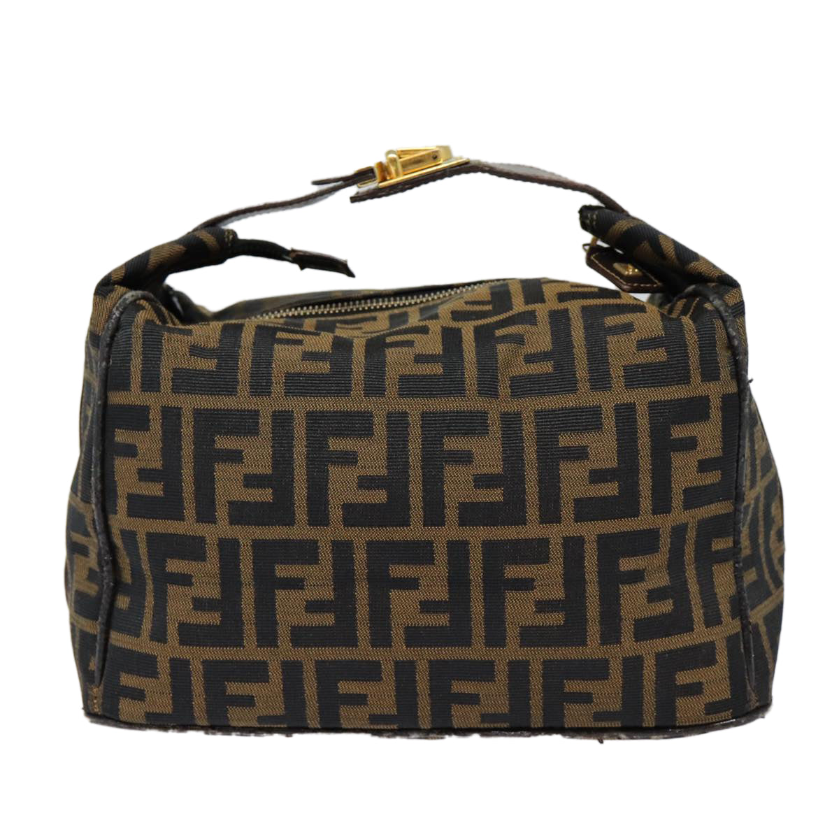 FENDI Zucca Canvas Vanity Hand Bag Brown Black gold Auth bs17761