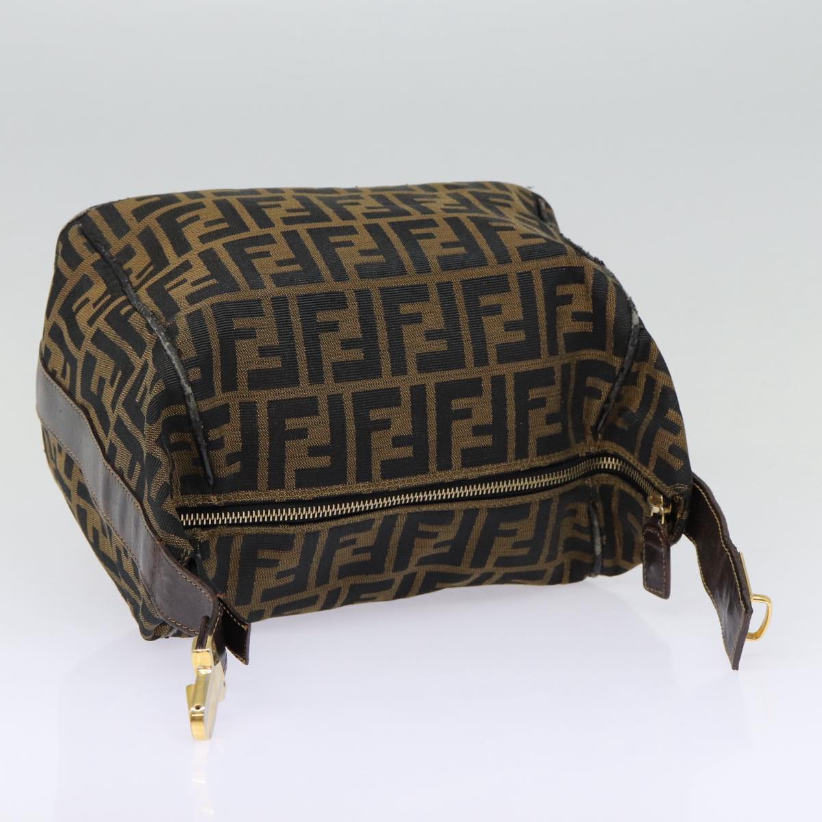 FENDI Zucca Canvas Vanity Hand Bag Brown Black gold Auth bs17761