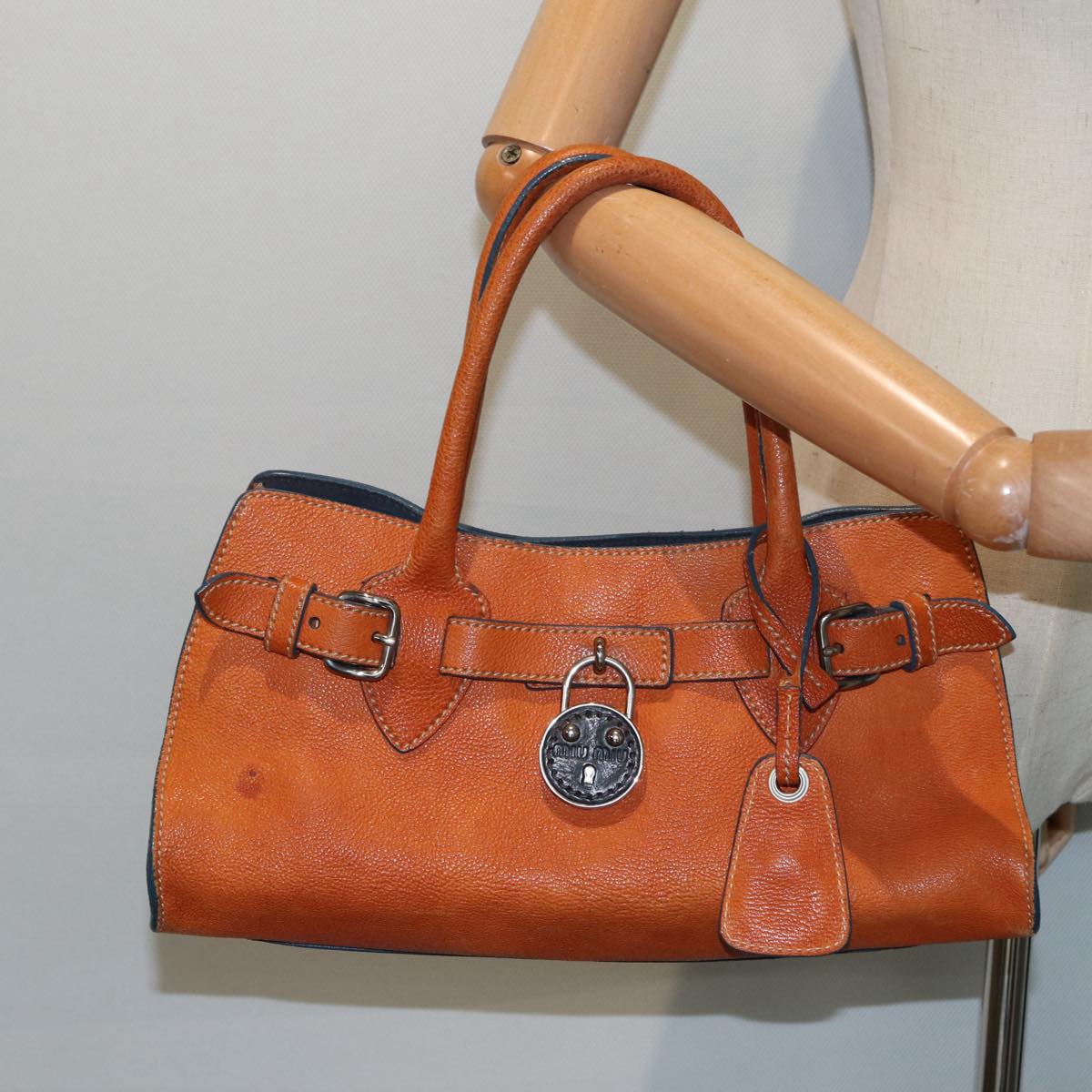 Miu Miu Hand Bag Leather Orange Silver Auth bs17781