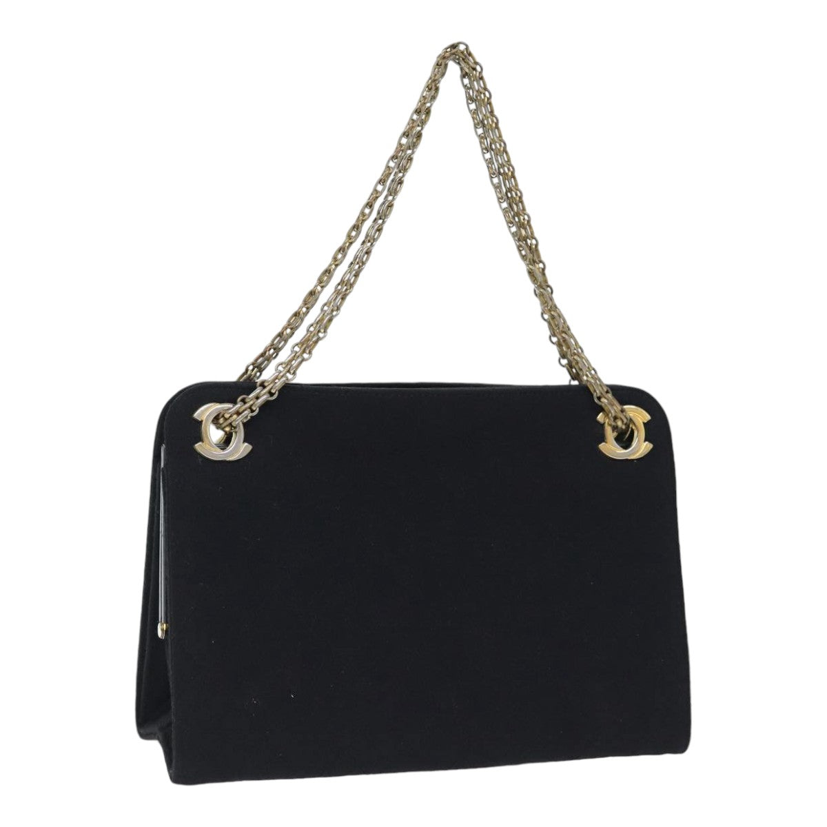 CHANEL Chain Hand Bag Cotton Black Gold CC Auth bs17835